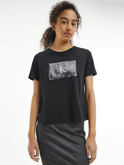 Calvin Klein Ruhák HU029772 | Calvin Klein Organic Cotton Sequin Logo Női Póló Fekete